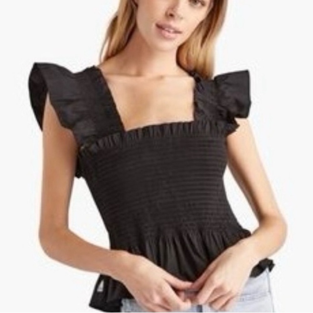 Hill House Paz Nap Top Black smocked stretch Ruffled Top 2503